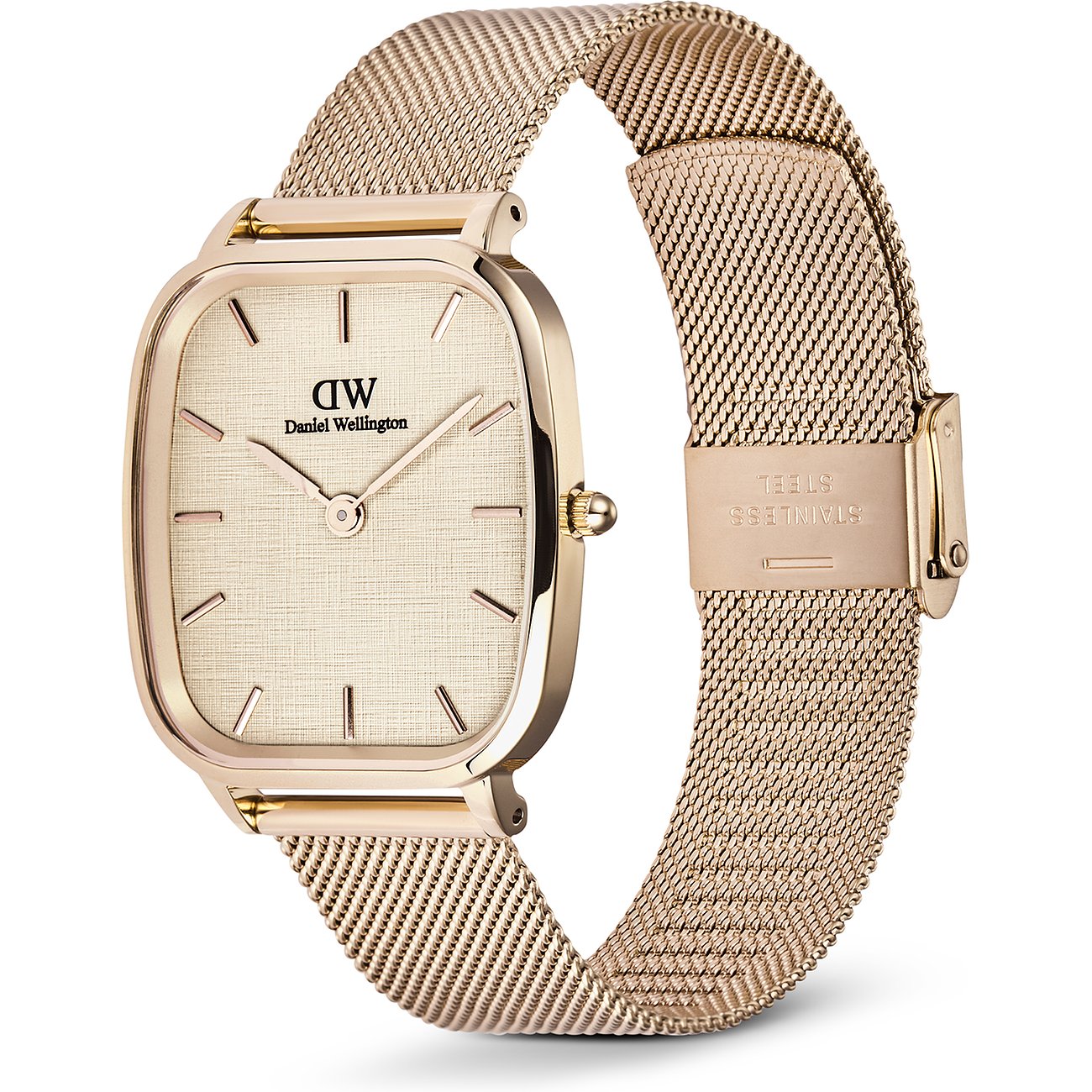 Daniel Wellington Herrenuhr mit Edelstahlgehäuse, analog, roségoldfarbenes Meshband.