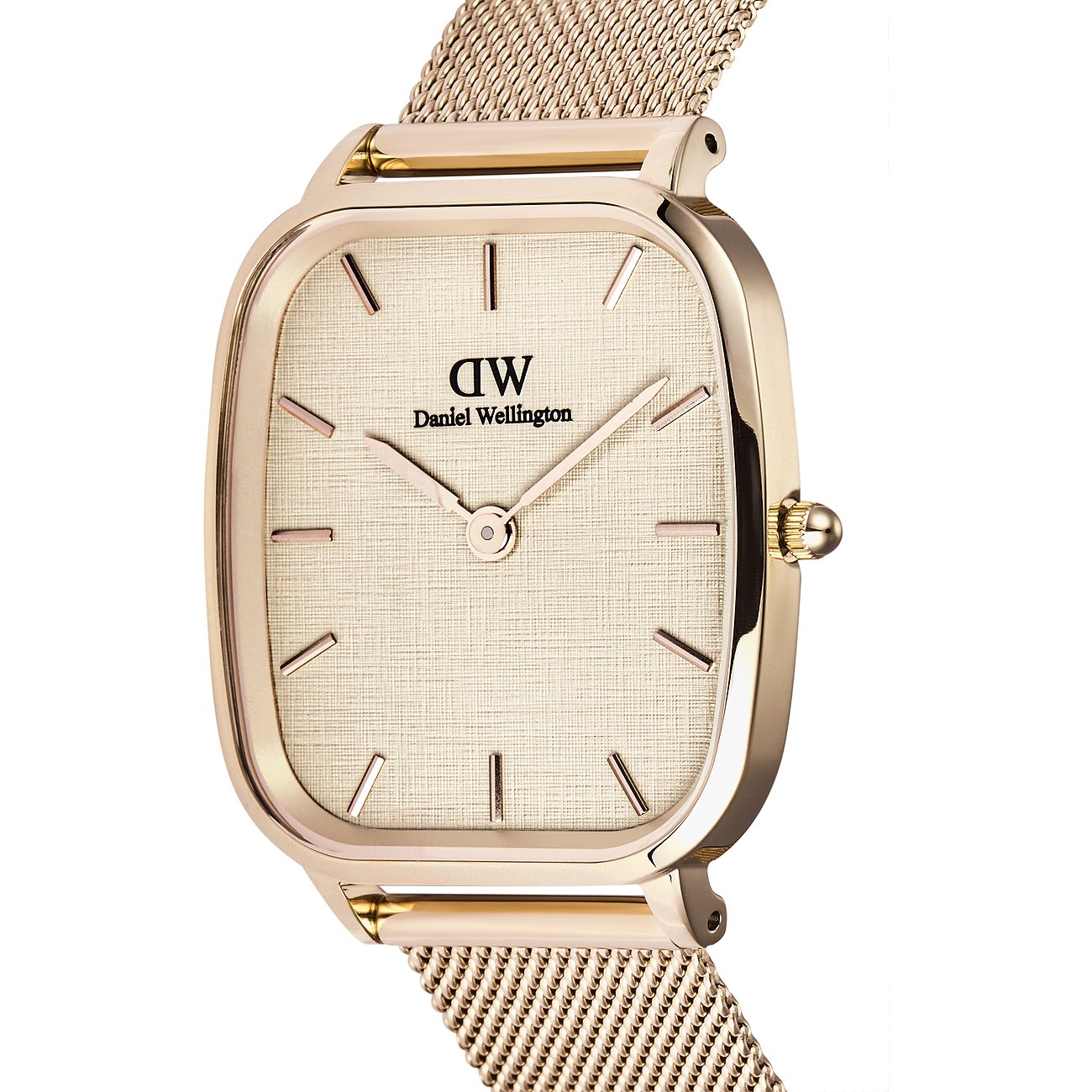 Daniel Wellington Herrenuhr mit Edelstahlgehäuse, analog, Mesh-Armband.