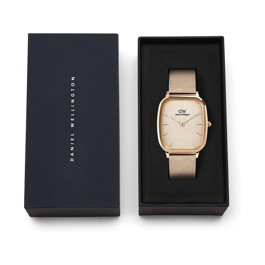Daniel Wellington Herrenuhr mit Edelstahlgehäuse und Mesh-Armband, roségoldfarben.