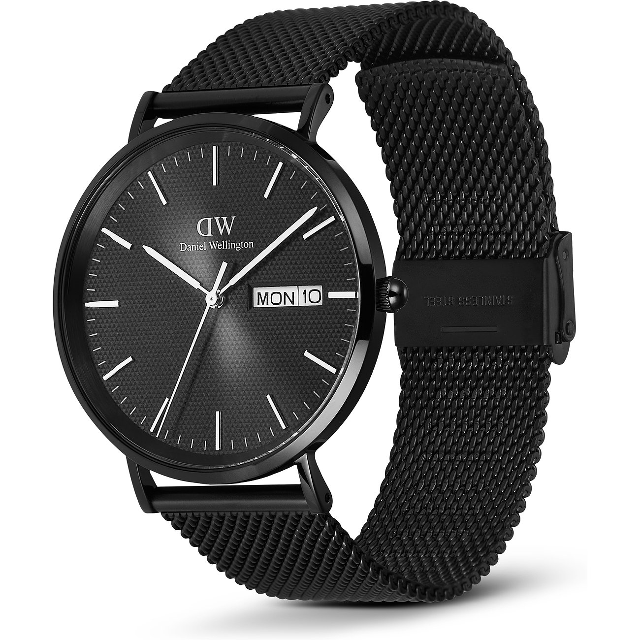 Daniel Wellington Herrenuhr aus Edelstahl, analog mit Datumsanzeige und schwarzem Mesh-Armband.