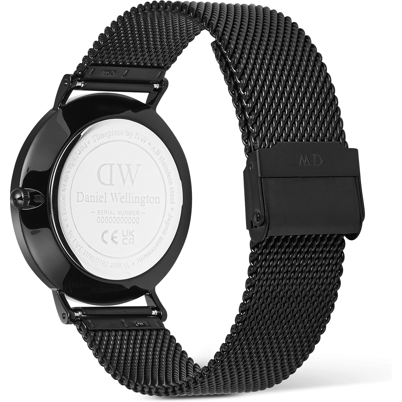Daniel Wellington Herrenuhr mit Edelstahlgehäuse und Mesh-Armband in Schwarz.