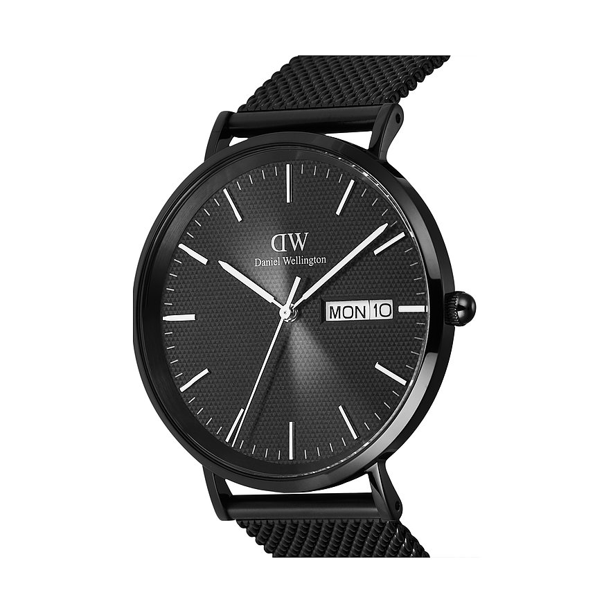 Daniel Wellington Herrenuhr mit Edelstahlgehäuse, analog, schwarzes Zifferblatt mit Datum.