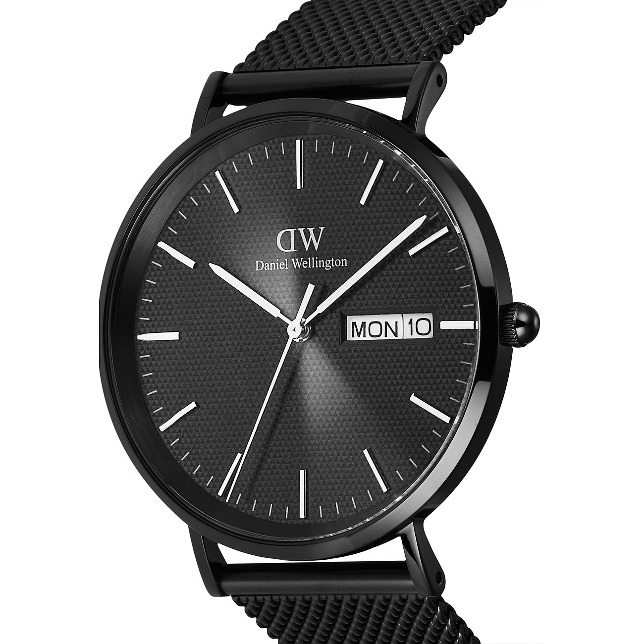 Daniel Wellington Herrenuhr mit Edelstahlgehäuse, analog, schwarzes Zifferblatt mit Datum.