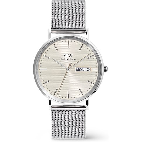 Daniel Wellington Herrenuhr mit Edelstahlgehäuse und Mesh-Armband, analog.
