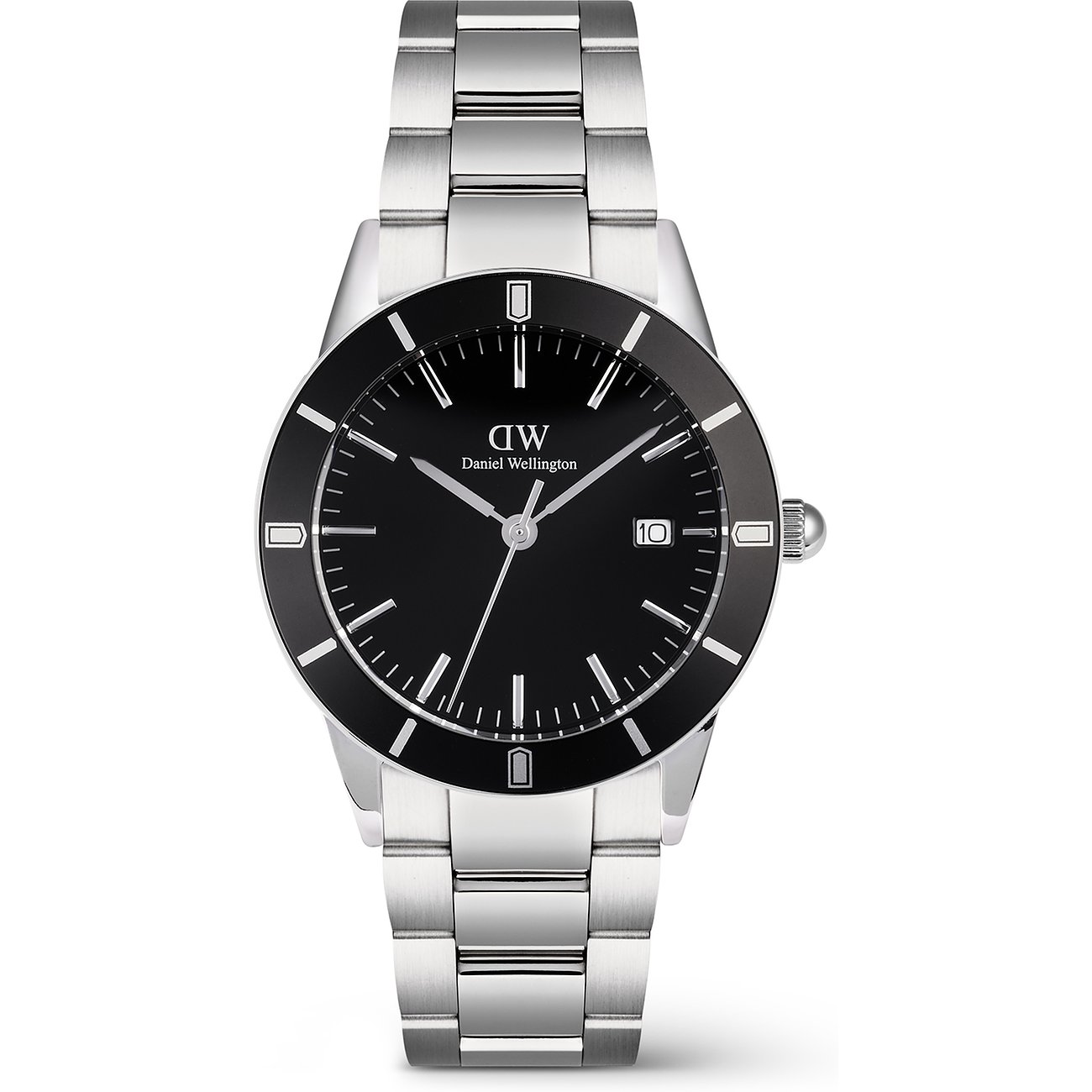 Daniel Wellington Herrenuhr mit Edelstahlgehäuse, schwarzem Zifferblatt und Datum.