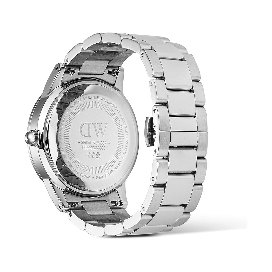 Daniel Wellington Herrenuhr aus Edelstahl mit silberfarbenem Gehäuse und Gliederarmband.