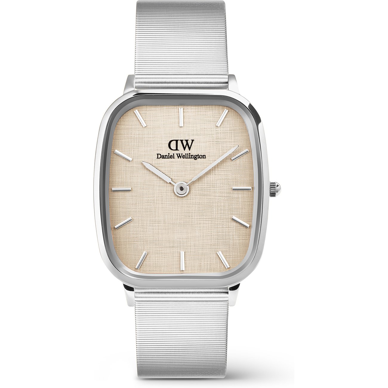 Daniel Wellington Herrenuhr mit Edelstahlgehäuse, analog, mit Mesh-Armband.