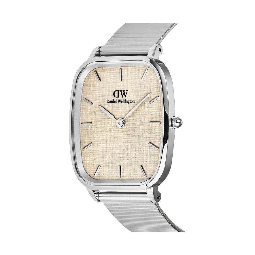 Daniel Wellington Herrenuhr mit Edelstahlgehäuse, analog und Mesh-Armband.