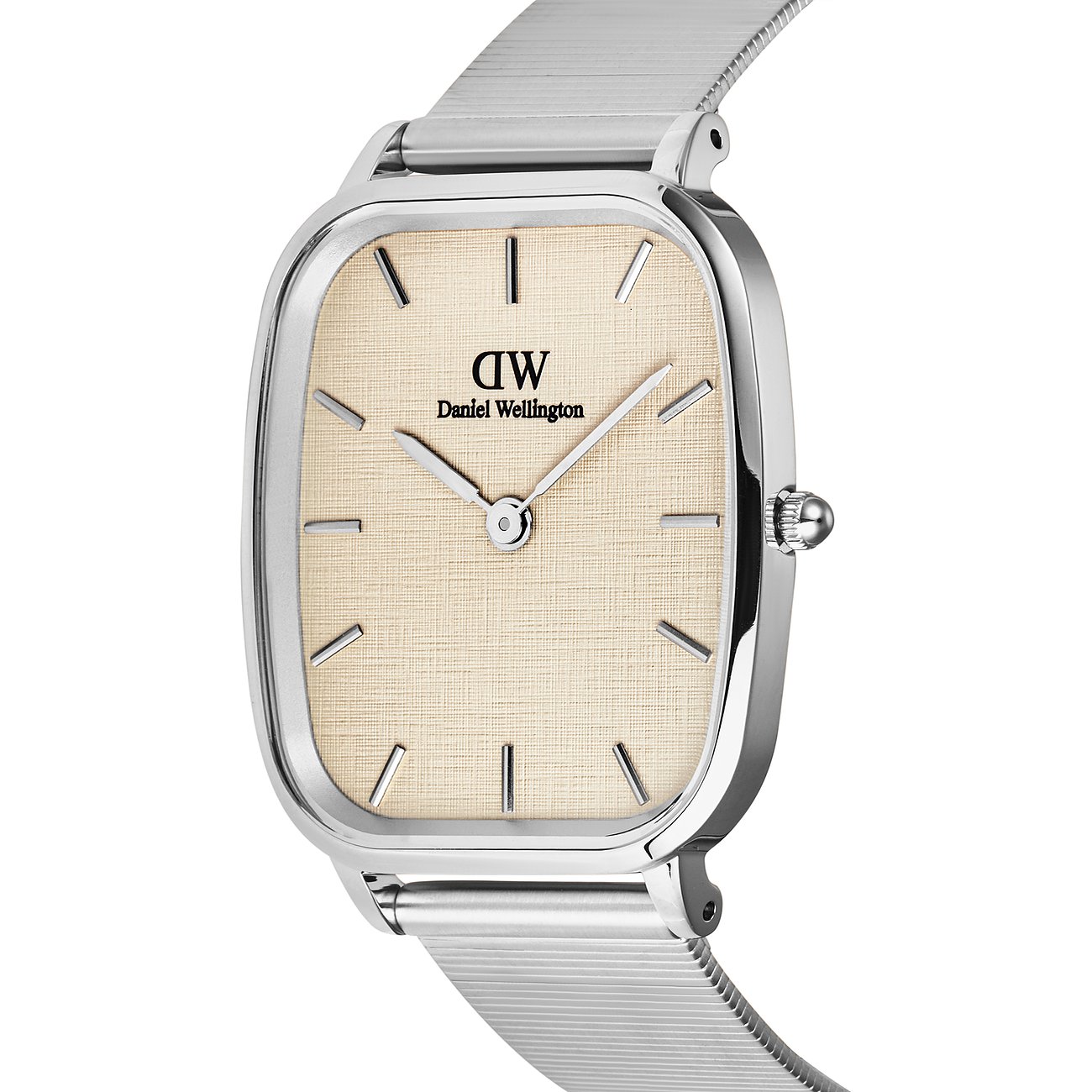 Daniel Wellington Herrenuhr mit Edelstahlgehäuse, analog und Mesh-Armband.