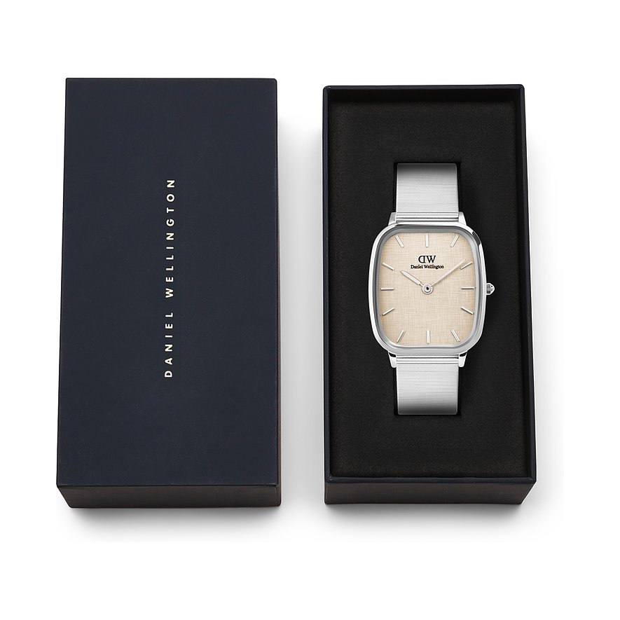 Daniel Wellington Herrenuhr mit Edelstahlgehäuse, silberfarbenes Gehäuse und silbernes Mesh-Armband.