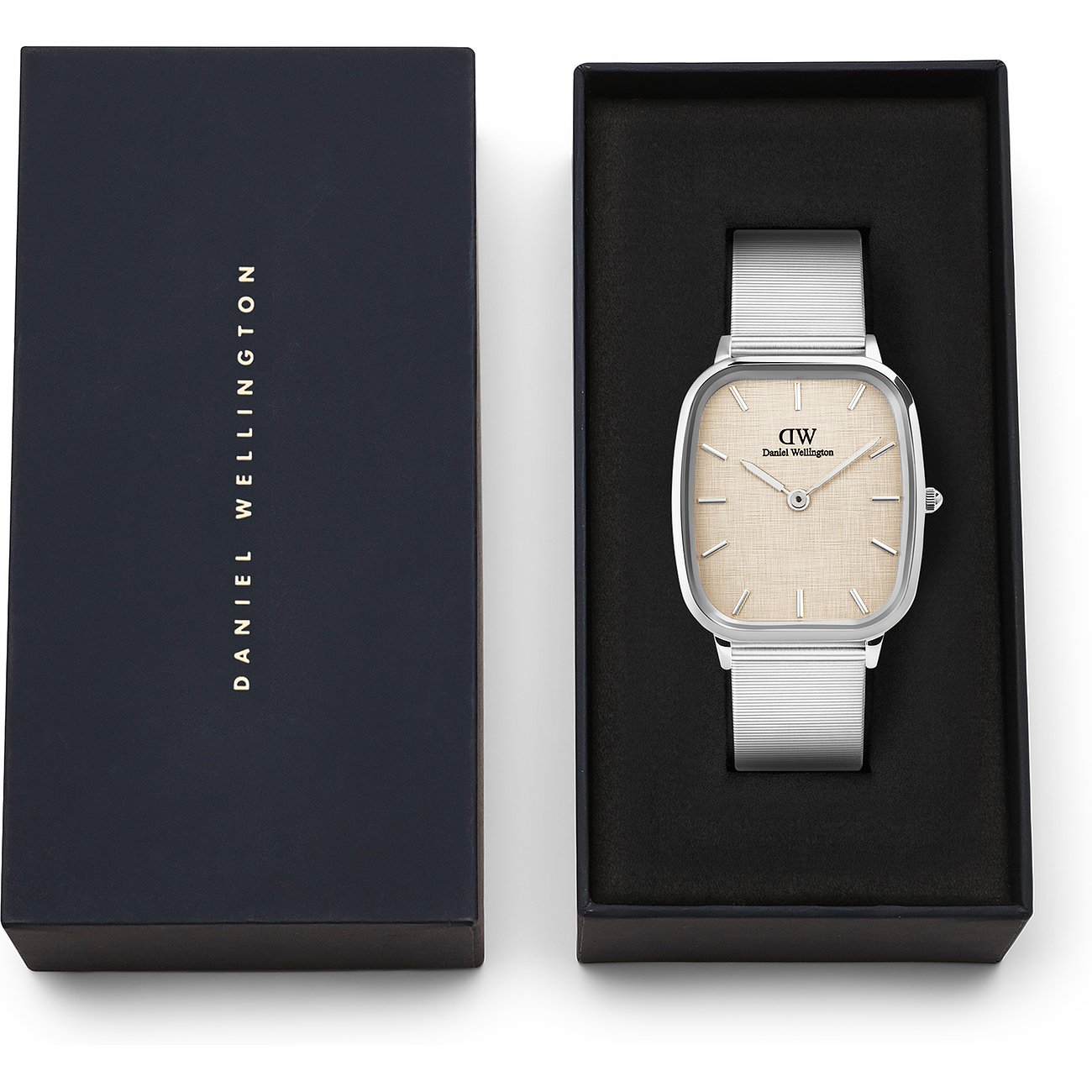 Daniel Wellington Herrenuhr mit Edelstahlgehäuse, silberfarbenes Gehäuse und silbernes Mesh-Armband.