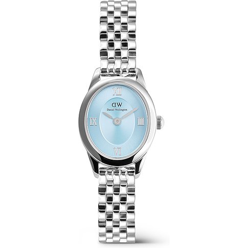 Daniel Wellington dameur med urkasse i rustfrit stål, blå urskive og lænke.