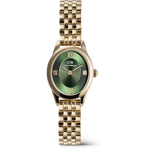 Daniel Wellington Damenuhr mit goldfarbenem Edelstahlgehäuse und grünem Zifferblatt.