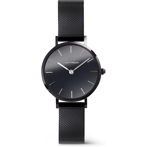 Daniel Wellington Damenuhr aus Edelstahl mit schwarzem Zifferblatt und Mesh-Armband.