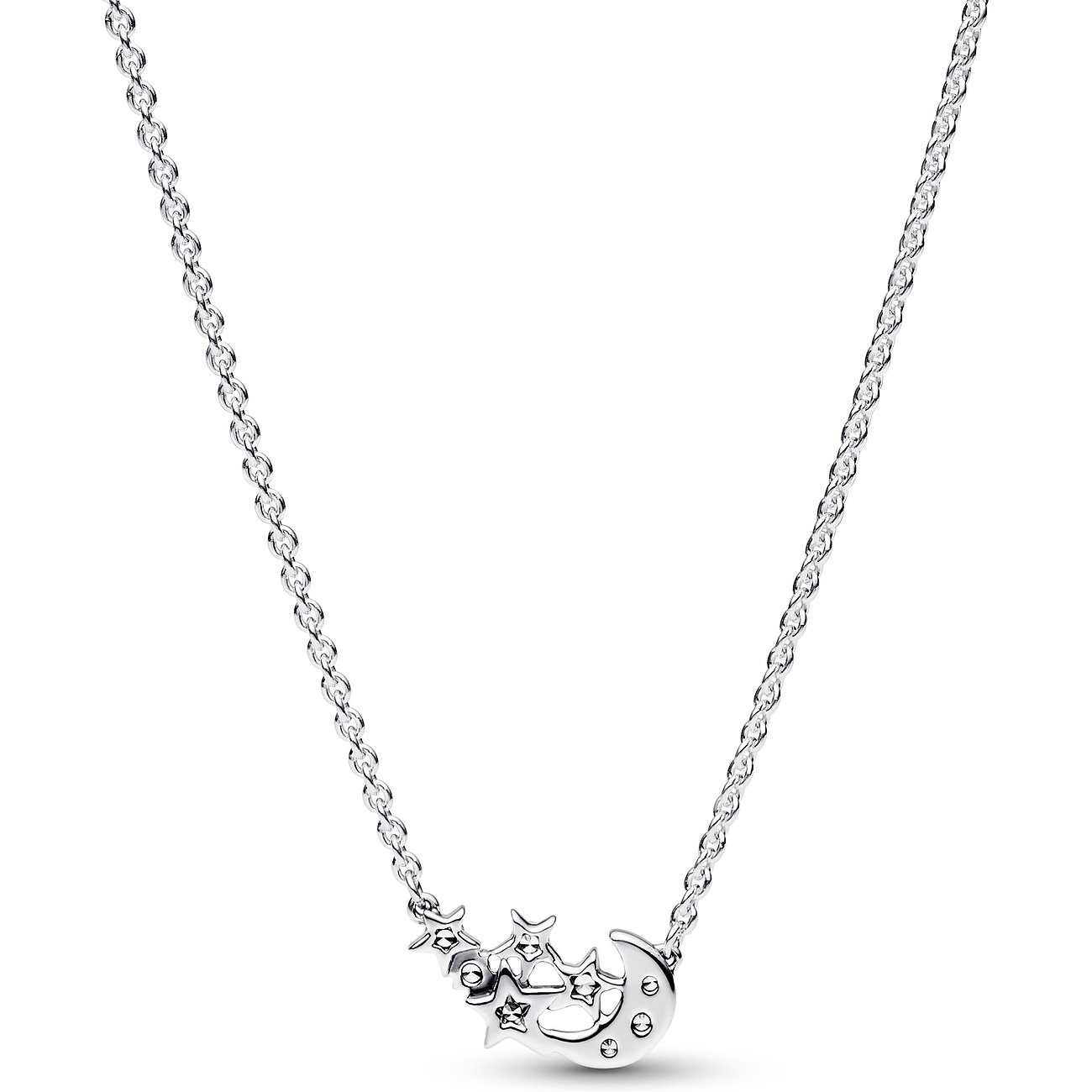 Pandora Halsschmuck aus Silber mit einem Mond- und Sternenanhänger mit Zirkonia-Stein.