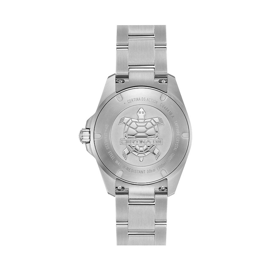 Certina Herrenuhr mit Edelstahlgehäuse und Schildkröten-Gravur.
