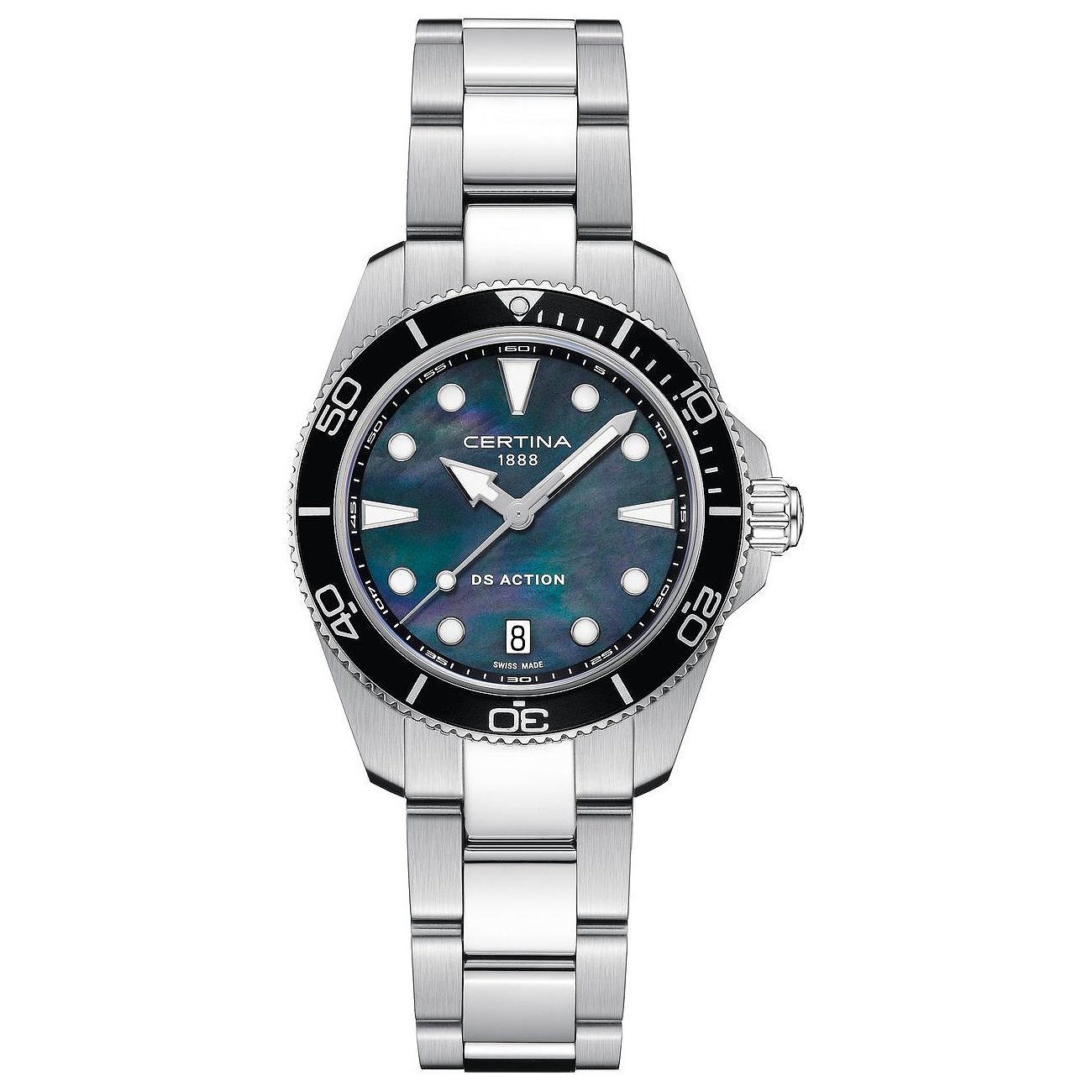 Certina DS Action Damenuhr mit Edelstahlgehäuse, analoger Anzeige und Datumsanzeige.