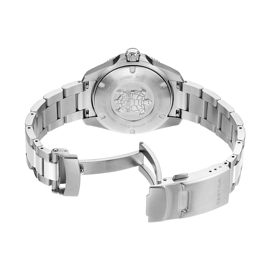 Certina Damenuhr aus Edelstahl mit silberfarbenem Gehäuse und Gliederarmband.