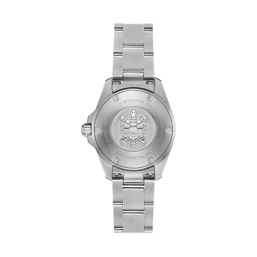 Certina DS Action Damenuhr aus Edelstahl mit Schildkröten-Gravur auf dem Gehäuseboden.