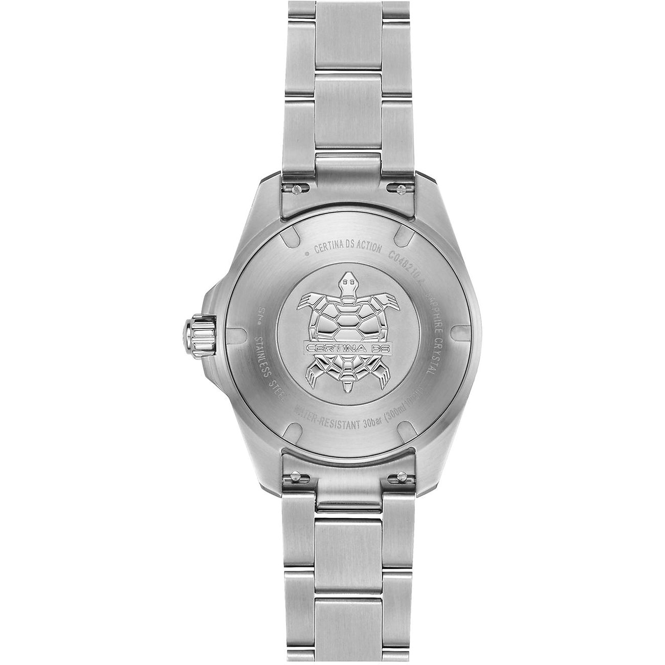 Certina DS Action Damenuhr aus Edelstahl mit Schildkröten-Gravur auf dem Gehäuseboden.