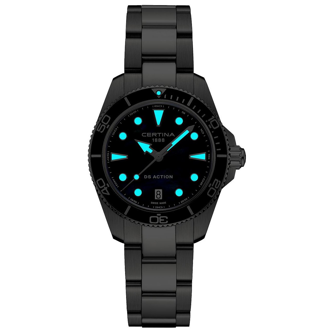 Certina Damenuhr aus Edelstahl, schwarz, analog mit leuchtenden Zeigern und Indizes.