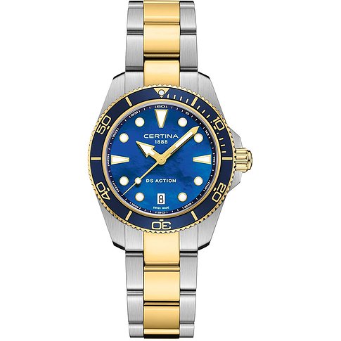 Certina Damenuhr aus Edelstahl, bicolor, mit blauem Zifferblatt und Datum.