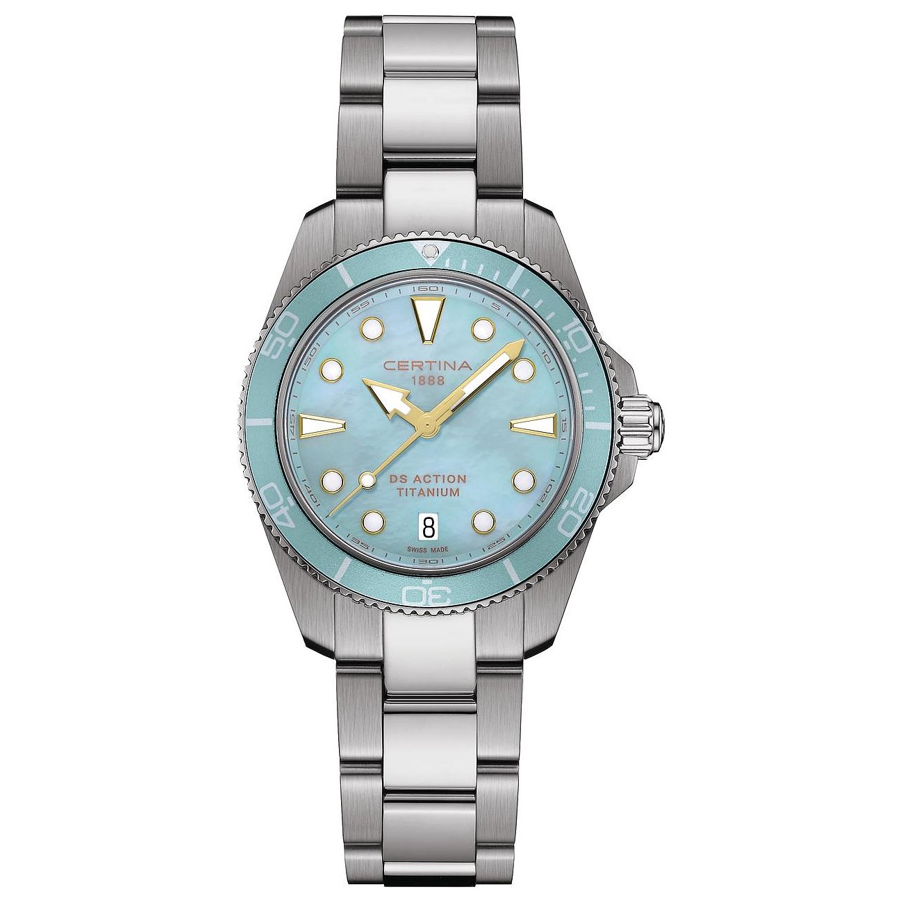 Certina Damenuhr mit Titan-Gehäuse, hellblauem Zifferblatt und silberfarbenem Armband.