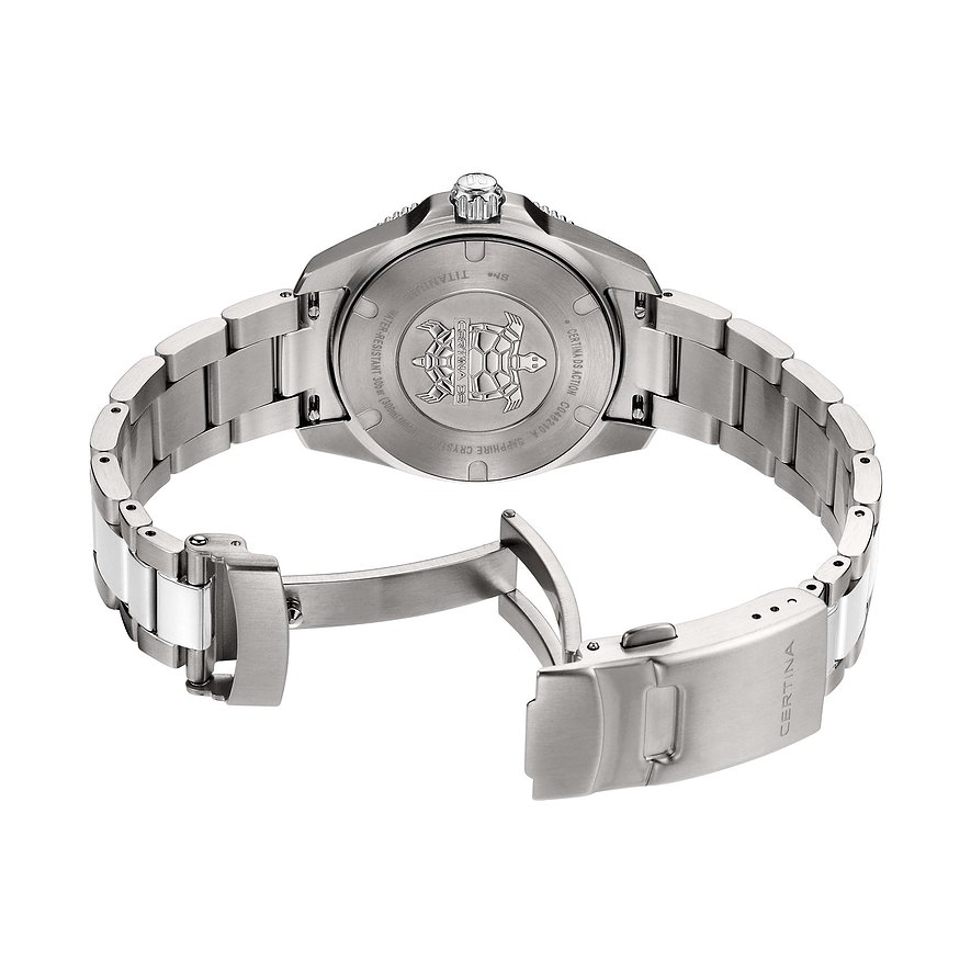 Certina Damenuhr aus Titan mit silberfarbenem Armband und Schildkröten-Emblem.