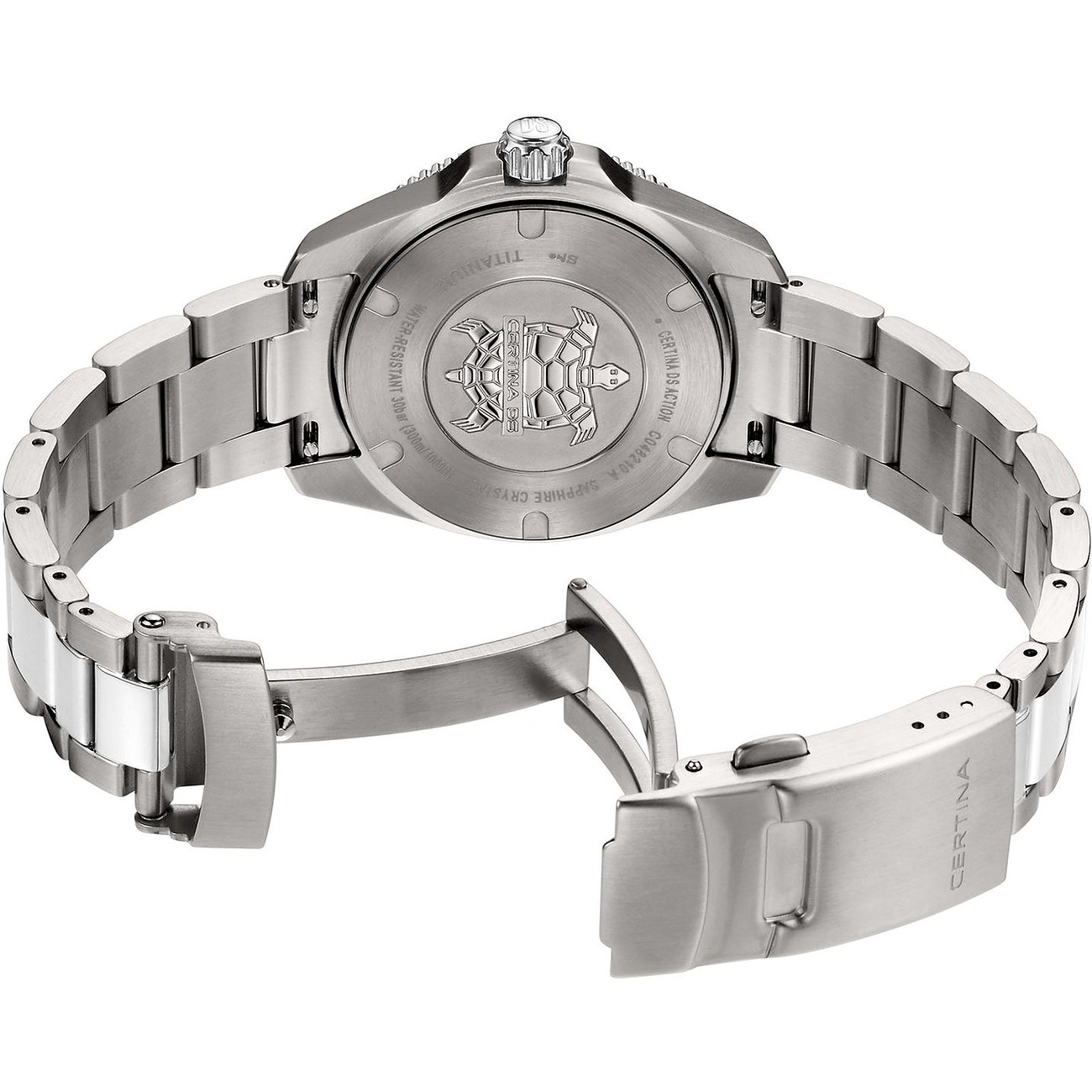 Certina Damenuhr aus Titan mit silberfarbenem Armband und Schildkröten-Emblem.