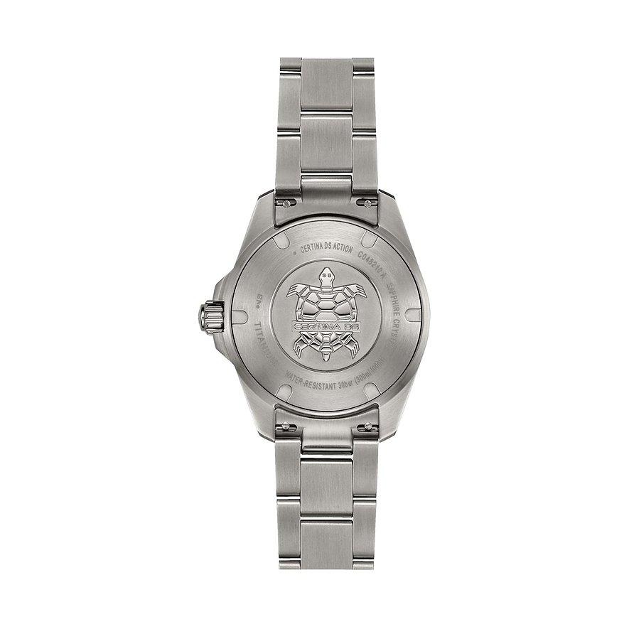 Certina Damenuhr aus Titan mit silberfarbenem Gehäuse und Armband.