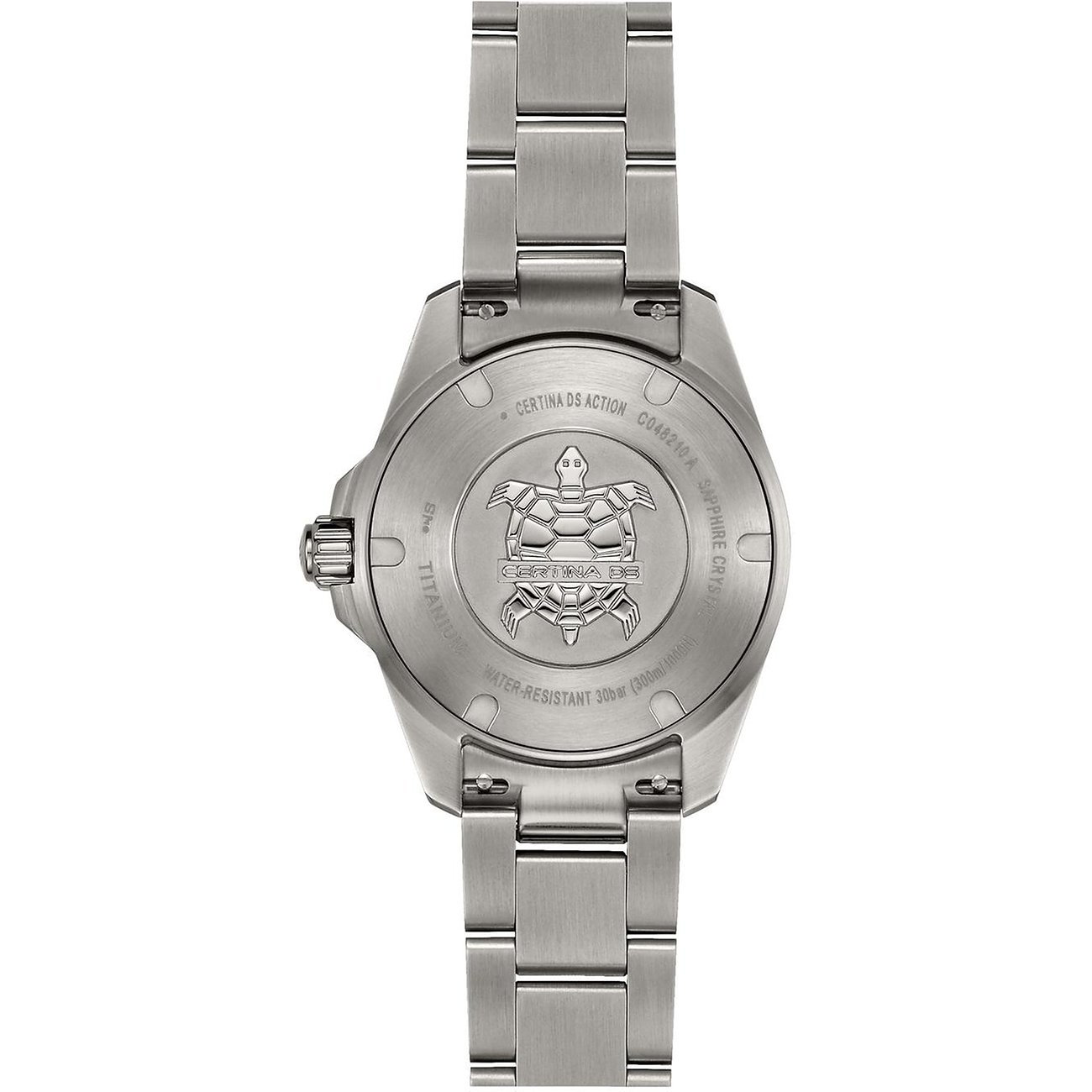 Certina Damenuhr aus Titan mit silberfarbenem Gehäuse und Armband.