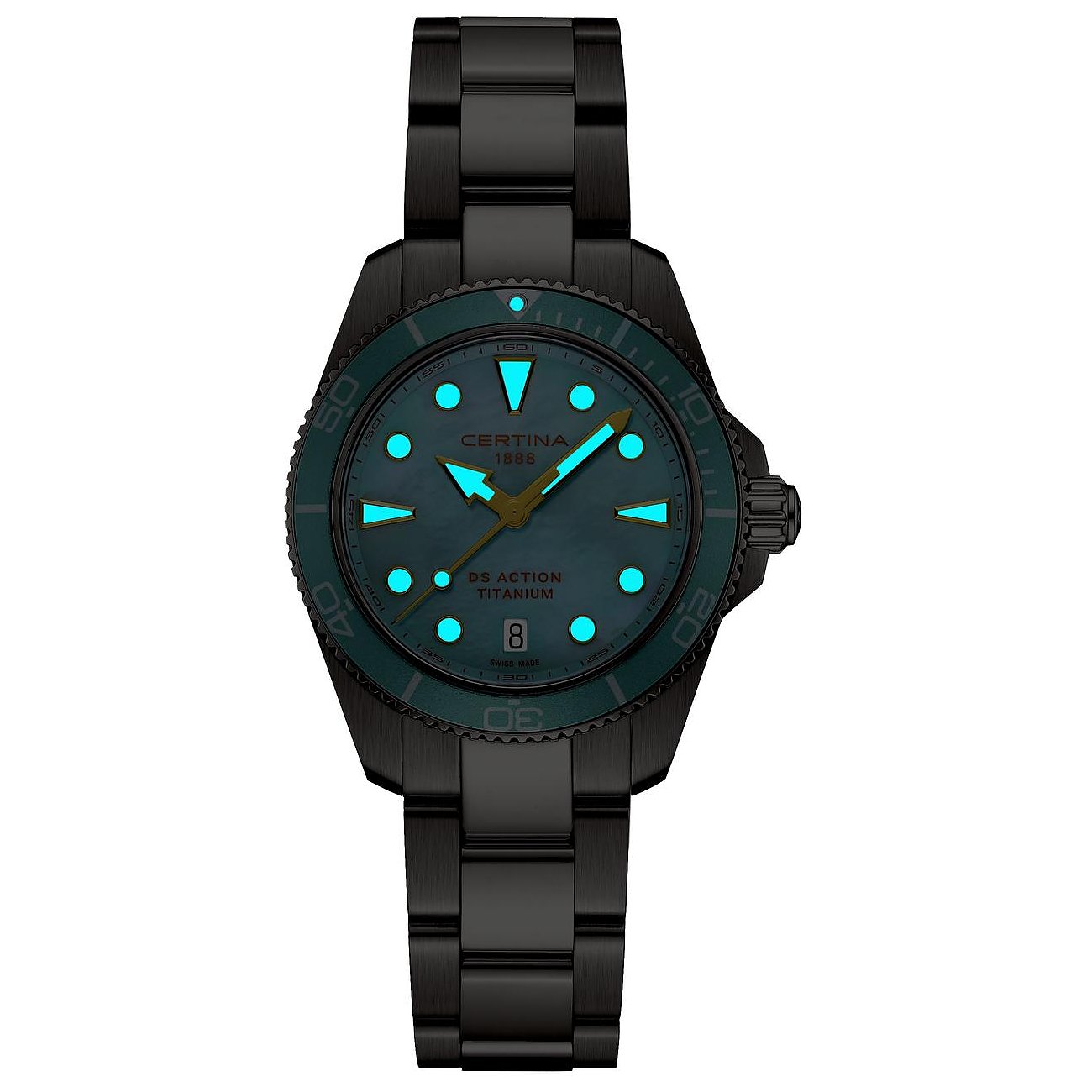 Certina Damenuhr aus Titan mit blaugrünem Zifferblatt und schwarzem Gehäuse.