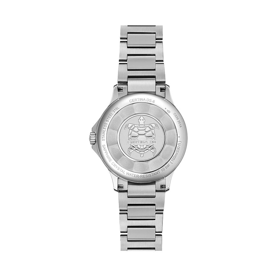 Certina Damenuhr aus Edelstahl mit silberfarbenem Gehäuse und Armband.