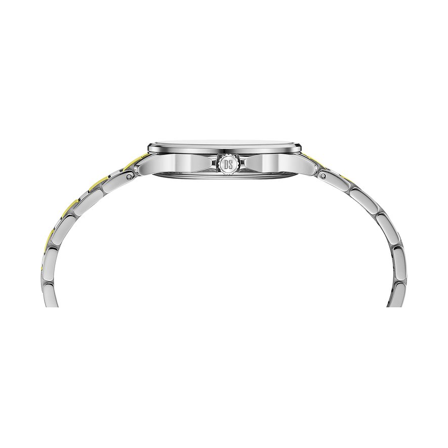 Certina Damenuhr mit Edelstahlgehäuse und gelben Akzenten am Armband.