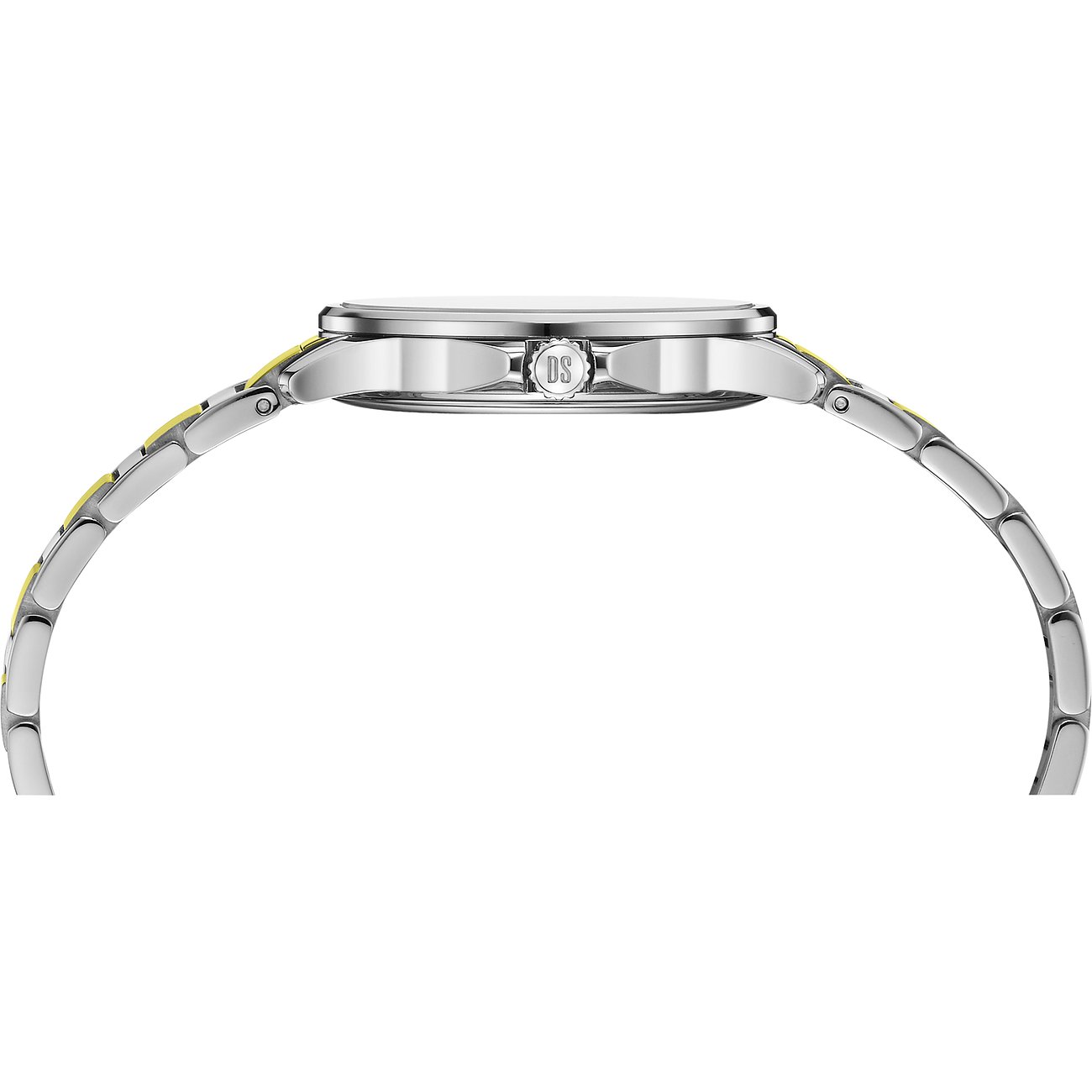 Certina Damenuhr mit Edelstahlgehäuse und gelben Akzenten am Armband.