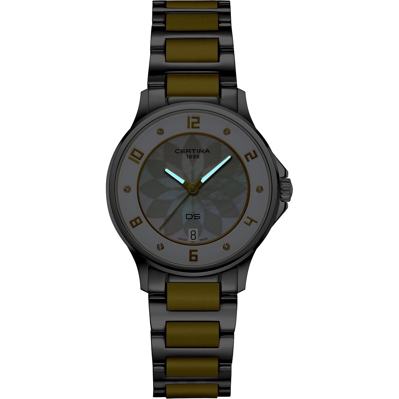 Certina Damenuhr mit Edelstahlgehäuse, bicolor, analog mit Datumsanzeige.