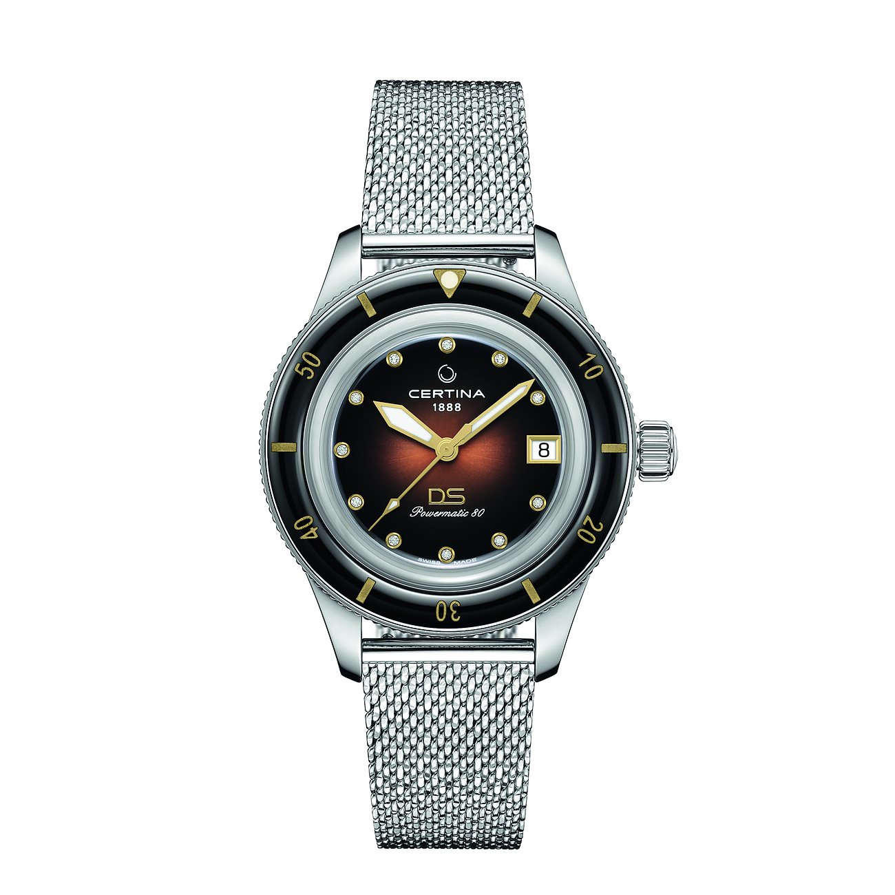 Certina Damenuhr aus Edelstahl mit Mesh-Armband und Datumsanzeige.