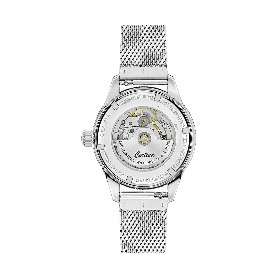 Certina Damenuhr aus Edelstahl mit Sichtboden und Mesh-Armband.