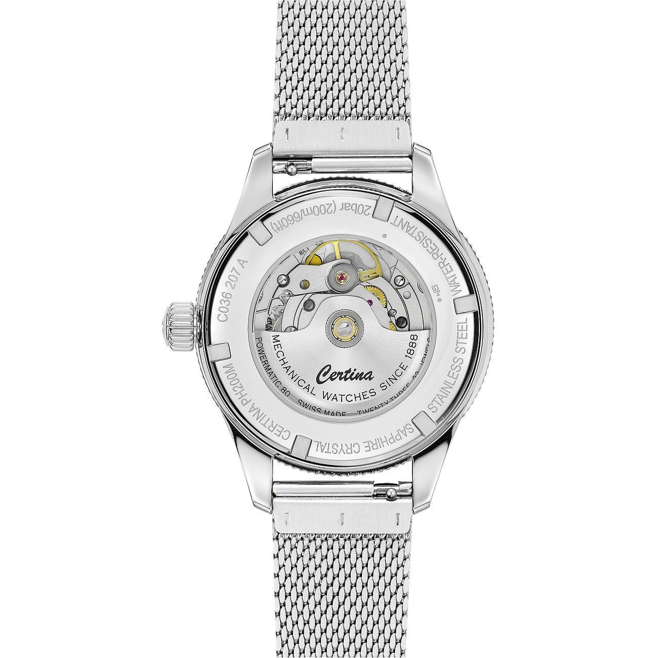 Certina Damenuhr aus Edelstahl mit Sichtboden und Mesh-Armband.