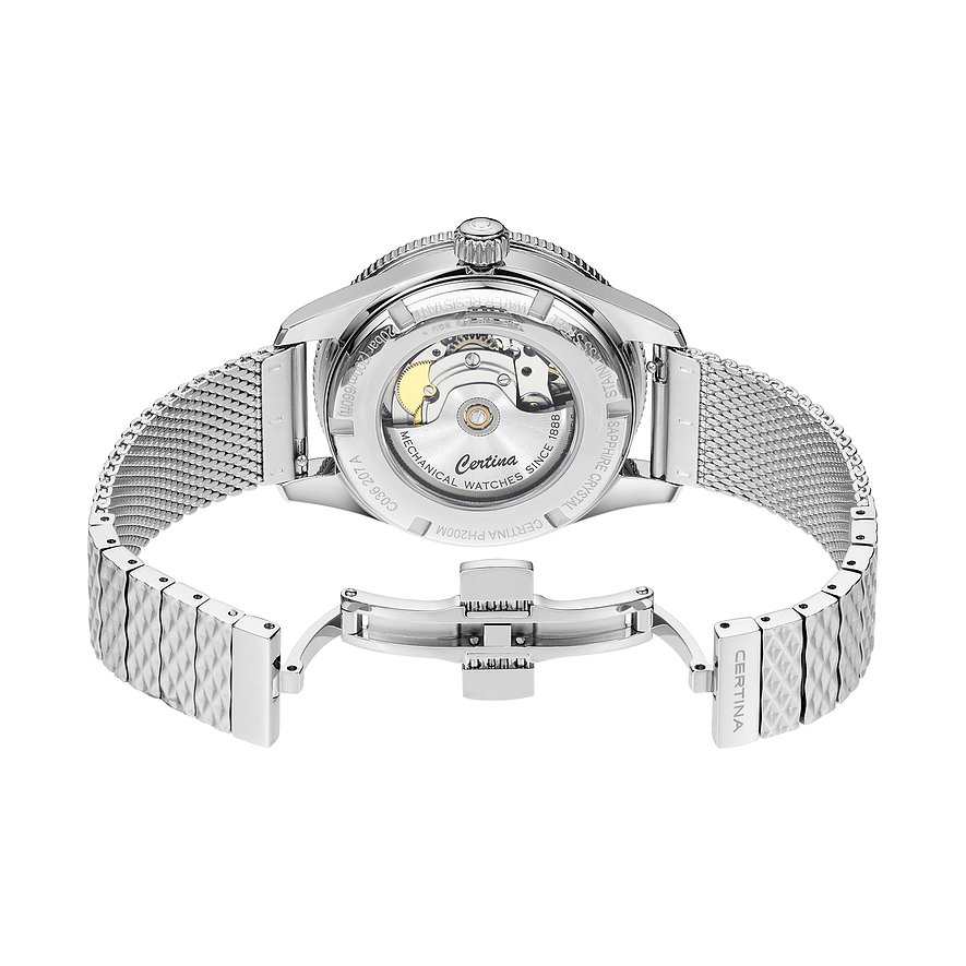 Certina Damenuhr mit Edelstahlgehäuse und Mesh-Armband.