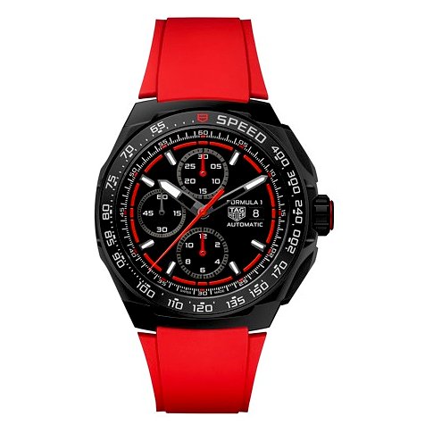 TAG Heuer Herrenuhr mit schwarzem Zifferblatt und roten Akzenten, Titan.