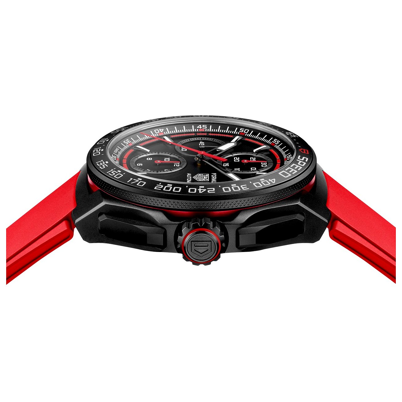 TAG Heuer Herrenuhr mit Titan-Gehäuse, schwarzem Zifferblatt und roten Akzenten.