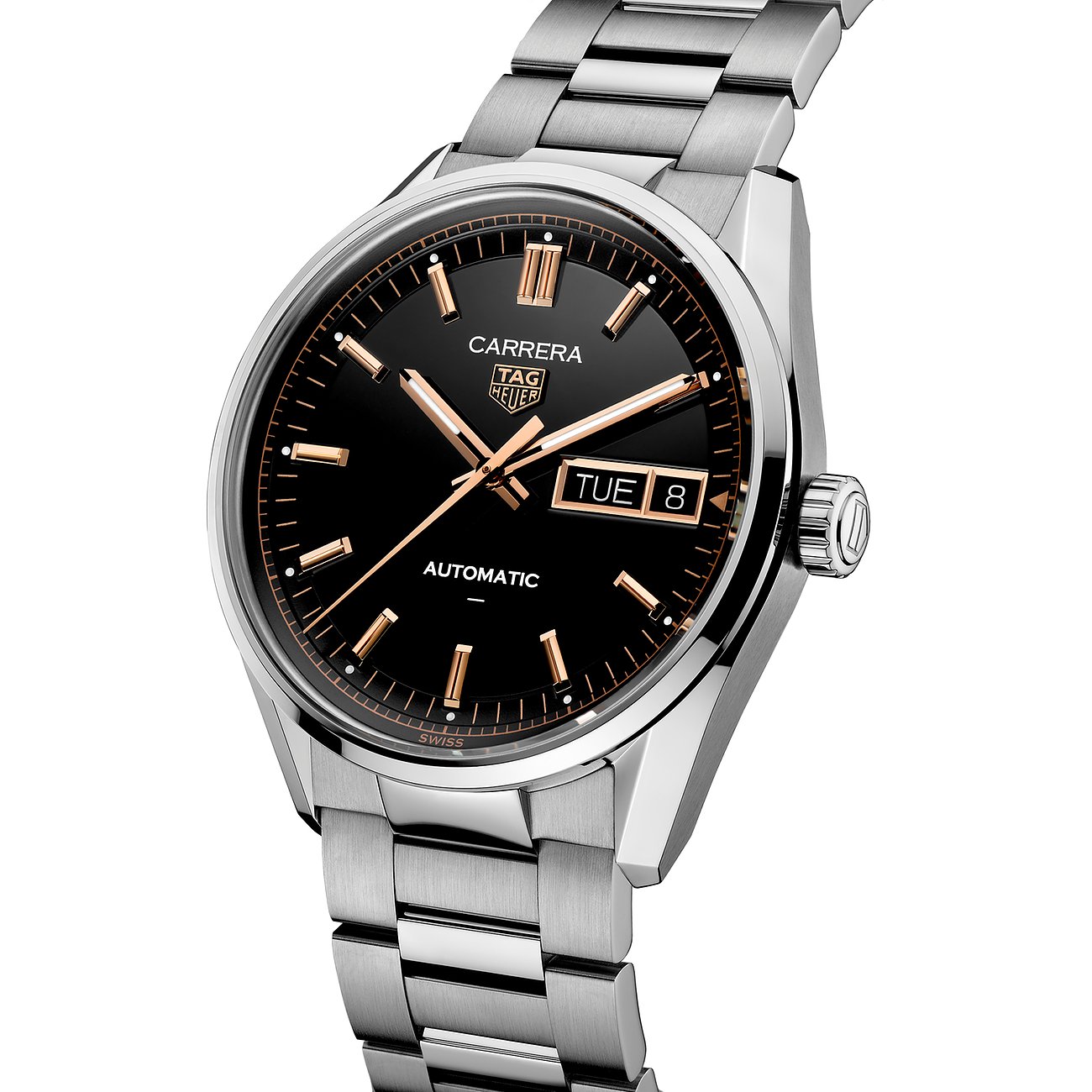 TAG Heuer Herrenuhr mit Edelstahlgehäuse, schwarzem Zifferblatt und roséfarbenen Akzenten.