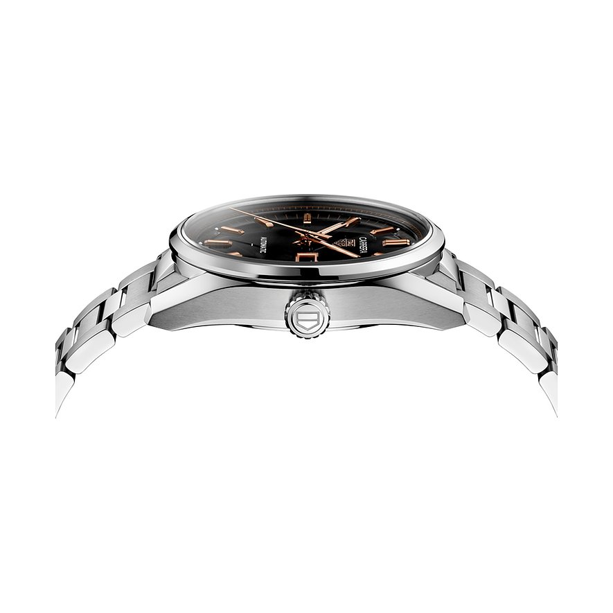 TAG Heuer Herrenuhr mit Edelstahlgehäuse, schwarzem Zifferblatt und roségoldfarbenen Indizes.