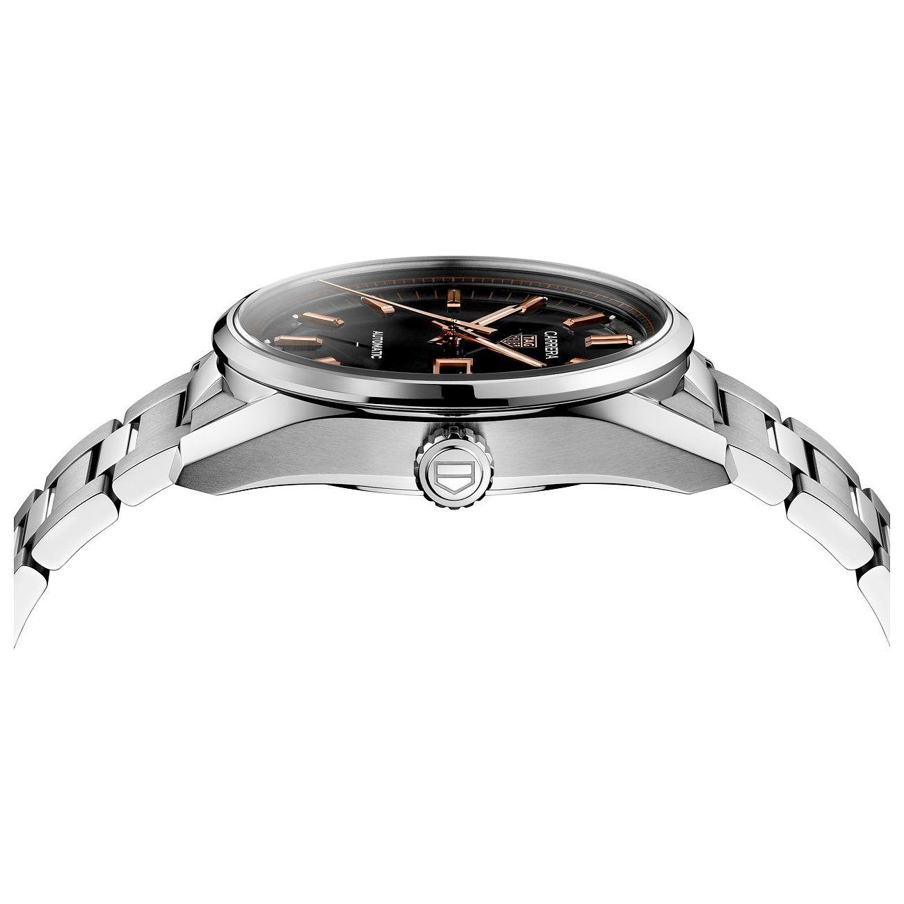 TAG Heuer Herrenuhr mit Edelstahlgehäuse, schwarzem Zifferblatt und roségoldfarbenen Indizes.