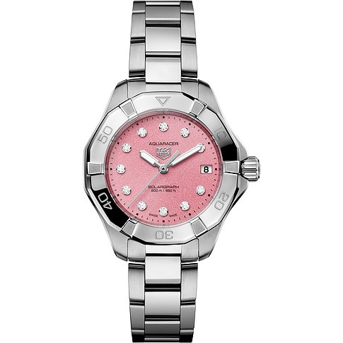TAG Heuer Damenuhr mit Edelstahlgehäuse, pinkem Zifferblatt und Diamanten.