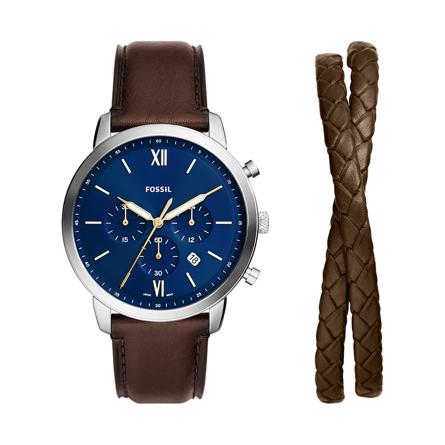 2. Chance - Fossil Uhren-Set FS6018SET, Herren, Edelstahl, Armband: Leder, Quarz, analog