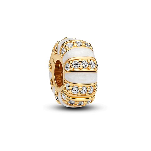 Pandora Anhängeschmuck aus goldfarbenem Metall mit weißen Emaille-Streifen und Zirkonia.