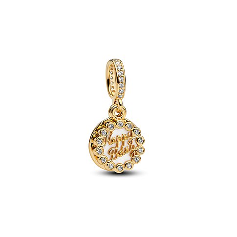 Pandora Anhängeschmuck aus Gelbgold mit Zirkonia und Schriftzug "Happy Birthday".