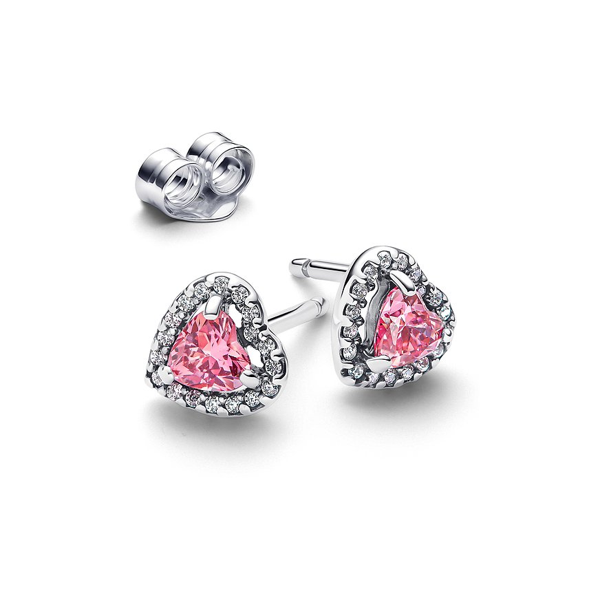 Pandora Ohrstecker aus 925er Silber mit pinkem Zirkonia im Herzschliff und weißen Zirkonia.